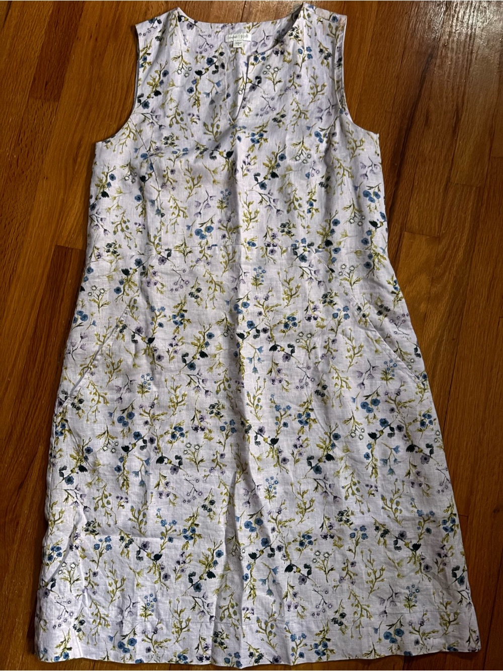 J. Jill White Sleeveless Floral Midi Dress with Blue and Green Accents